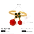 Verstellbarer Edelstahlring mit goldener Kordeloptik und rotem Kirsch-Anhänger - Kirsche mit Blume (NB-R24409)