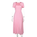 Detail of pink square neck dress with vertical ribbed texture and short sleeves - S / Pink