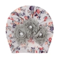Graue Baby-Turban-Mütze mit Blumenmuster, 3D-Sonnenblumen und weißen Perlen - E Grau Blumig