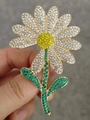 Daisy brooch in gold alloy with white, yellow and green rhinestones flower design - White-Green Rhinestone Flower