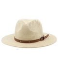 Sombrero de paja de copa plana para mujer con banda de cuero marrón y hebilla metálica - M(56-58cm) / Beige