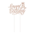 Makro-Detail von roségoldenem Glitzer Happy 24th Birthday Tortenstecker mit Krone und Sternen - 24. Geburtstag (Stil 24) / Roségold