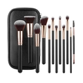 12-piece black makeup brush set with rose gold accents and PU leather zipper pouch - 12 Pcs Black Gold Zipper Bag No Logo