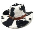 Western cowboy hat featuring black and white cow print with a silver bull head ornament - M (56-58cm) / Straight Top / Black