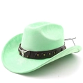 Detail of mint green suede cowboy hat with brown leather band and silver bull head emblem - M (56-58cm) / Fruit Green