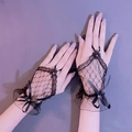 Elegant black lace tulle bridal gloves with bow and bead details for wedding - Black/Fingerless Short/Beads