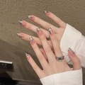 Uñas postizas Cat-eye plateadas estilo francés con gemas de corazón azul y forma larga - 2207-Trapezoide Corto / Extra Pequeño (XS)