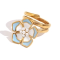 18K gold plated stainless steel ring featuring a blue and white flower with a pearl center - Petal Ring (Blue/White)