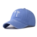 Detailed view of white double palm tree embroidery on a washed blue vintage cotton cap - Sky Blue