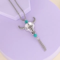 Vintage bull head necklace with turquoise beads and metallic tassels on a soft background - Bull Head Turquoise Tassel Style (1#)