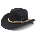 Classic black felt western cowboy hat with ethnic style woven band and gold rope detail - M (56-58cm) / Black