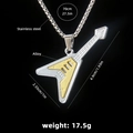 Silver and gold guitar pendant necklace with detailed measurements and material specs - Guitar No.18 + 70cm Steel Chain