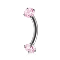 Curved stainless steel barbell piercing with two sparkling pink zircon stones - 1.2*8*3mm / Pink