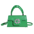 Fashion green leather crossbody bag with pleated handle and luxury crystal buckle - Green