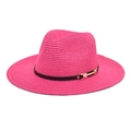 Detail of magenta woven straw fedora featuring a slim black leather band and gold buckle - M (56-58cm) / Rose Red