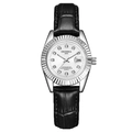 Luminous quartz watch with silver steel case, black leather strap and date display - Black Strap Silver Case White Dial Women's