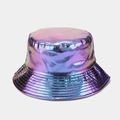 Detail of holographic purple and blue PU leather bucket hat with metallic finish and stitching - M (56-58cm) / Aurora Gradient (8# Color)