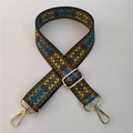 Detail of colorful ethnic geometric pattern on wide adjustable nylon bag strap - Gold Buckle / Style #31