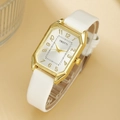 Elegant women's square quartz watch with white leather strap and gold rectangular case - White Watch Only