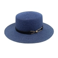 Close-up of a navy straw boater hat with fine weaving and gold buckle detail - M (56-58cm) / Navy Blue