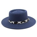 Detail of navy blue woven straw hat featuring cow print band and metal buckle strap - M (56-58cm) / Navy Blue
