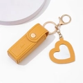 Yellow PU leather lipstick holder keychain with golden metal clasp and heart charm - Yellow