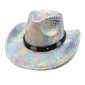 Rainbow holographic cowboy hat with snake pattern and studded black leather band - M (56-58cm) / White