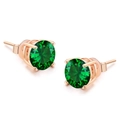 Detailed macro of green round-cut zircon earrings with rose gold four-prong setting - 3mm Green Stone / Rose Gold