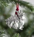 Detailed silver metal Christmas ornament showing a festive bear and squirrel with tree - Forest Animals