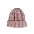 Detailed view of dust pink chunky cable knit beanie with ribbed cuff on white background - M (56-58cm) / Dusty Pink
