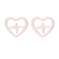 Close-up of rose gold stainless steel heart stud earrings with heartbeat pulse line detail - Rose Gold