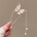 Épingle à cheveux en U avec papillon doré et pompon perlé pour coiffure rétro - Épingle à cheveux papillon à franges dorée avec décor blanc