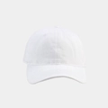 Close-up detail of high-density twill cotton fabric and stitching on a white baseball cap - Adjustable / White