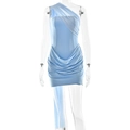 Robe mini en mesh bleu à épaules dénudées avec plis et rubans élégants - S / Bleu