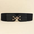 Fashionable black elastic wide waist belt with elegant gold metallic horsebit buckle - Horsebit Decoration (19750) / Black