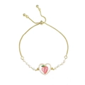 Adjustable gold heart bracelet featuring a pink peach charm and micro pearl inlay - Artificial Pearl Heart Peach (K-575)