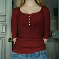 Deep red long sleeve T-shirt with square neckline, button placket and lace trim detail - S / Burgundy