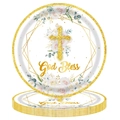 Close-up of disposable paper plate with floral God Bless cross design for parties - 7-inch 20pcs