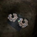Macro shot of iridescent rhinestone fan earrings on black display card with gold finish - Iridescent (Silver Needle)