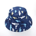 Detailed view of kids navy blue sun hat with colorful cartoon shark patterns and neat stitching - Navy Blue Shark