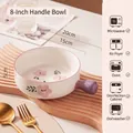 8-inch cream ceramic bowl with pink floral pattern and handle on wooden board - Purple Flower - 5.8 Inch Handle Milk Pan Bowl