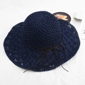 Navy blue wide brim straw hat with woven hollow pattern and bow for sun protection - One Size / Hollow Flower with Cord - Navy Blue