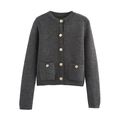 Detail of dark grey knit cardigan showing gold embossed buttons and textured pockets - Gray