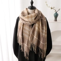 Detailed view of a thick brown houndstooth scarf featuring classic fringe tassels - Brown Houndstooth (WT141-4)
