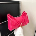 Chic hot pink glossy patent leather baguette bag with knotted shoulder strap detail - Rose Red