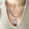 Three-layer silver stacked necklace with beaded chain and female silhouette square pendant - Silver Steel Triple Layered Necklace Set