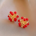 Elegant gold earrings with vibrant red beaded spherical design and sparkling zircon accents - 69# Red 3D Spherical Radiative Style (HE30401)