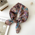 Retro brown cotton-linen floral scarf tied for a stylish vintage headscarf look - 55cm / Blue Frame Coffee Flower