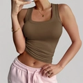 Brown ribbed knit U-neck slim fit yoga camisole top for women in 2025 summer style - S / Camel