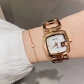 Elegant gold square dial watch for women with minimalist hollow metal chain bracelet - Rose Gold White